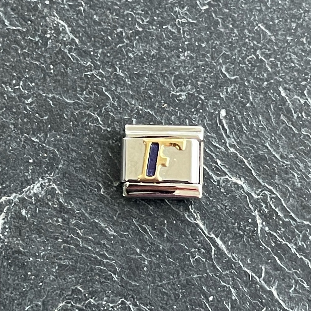 Zoppini Stainless Steel and Gold blue enameled F Initial Charm